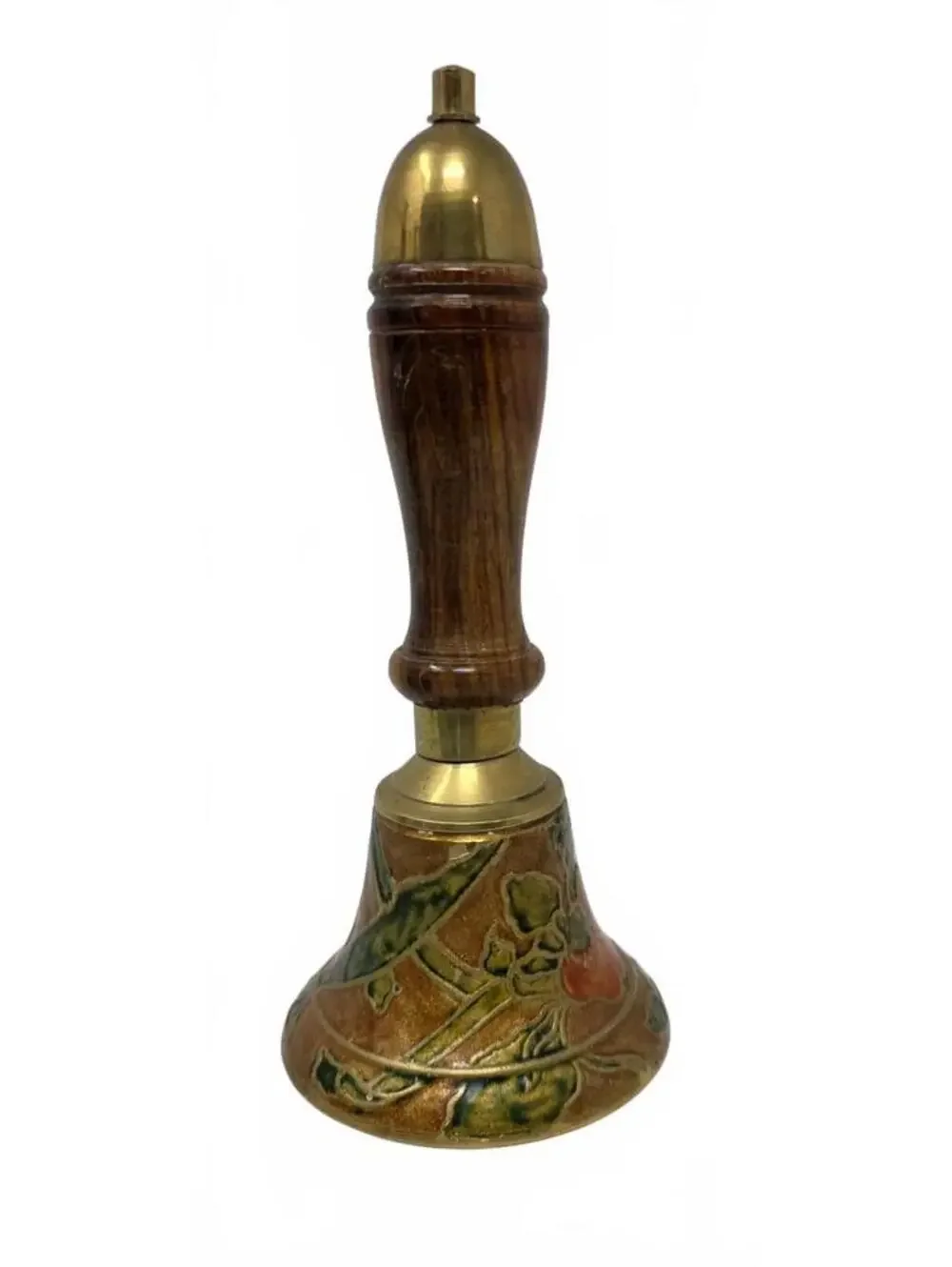 Vintage Enesco Brass Enamel Floral Hand Bell Wood Handle Made in India